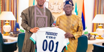 President Tinubu Receives Customized Super Eagles Jersey From NSC Chairman, Shehu Dikko